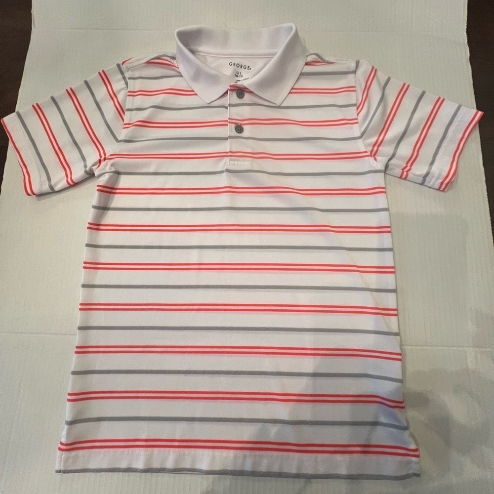 GEORGE BOYS SHORT SLEEVE POLO SHIRT LARGE (10-12) WHITE W/ORANGE & GRAY STRIPES